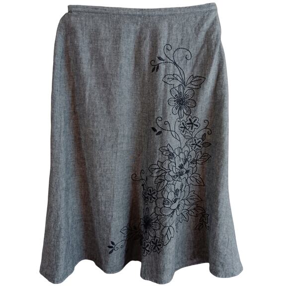 JM COLLECTION 100% Linen Midi Skirt Size 8 Petite A-Line Embroidery Beaded Gray‎ - Picture 1 of 7